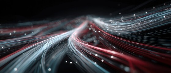 Abstract Futuristic Digital Network Dynamic Red and Blue Light Trails Representing High-Speed Data Flow and Global Communication Technology.