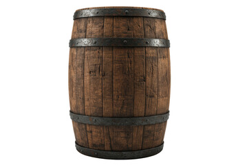 Fototapeta premium A meticulously detailed, rustic oak aging barrel with deep cracks, oxidized iron hoops on a transparent studio background with cast shadows and copy space, high-contrast lighting, concept of luxury