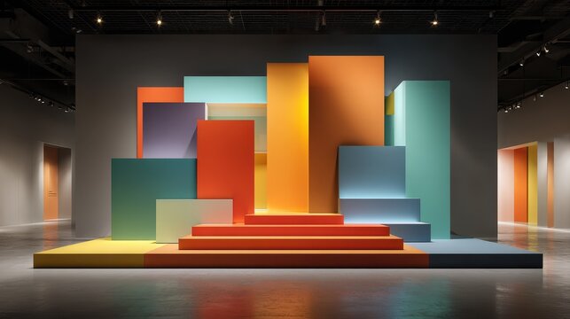 Vibrant Abstract Geometric Art Installation with Multi-Colored Blocks and Tiered Platform in a Modern Exhibition Gallery with Reflective Floor
