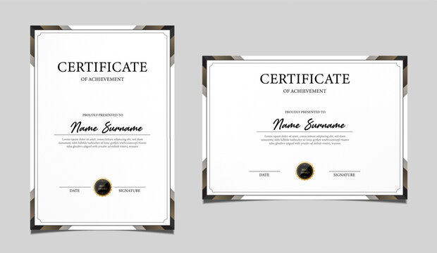 Elegant certificate of achievement set in vertical and horizontal layout, classic black and gold border design, professional award template for business, corporate, education and formal recognition.