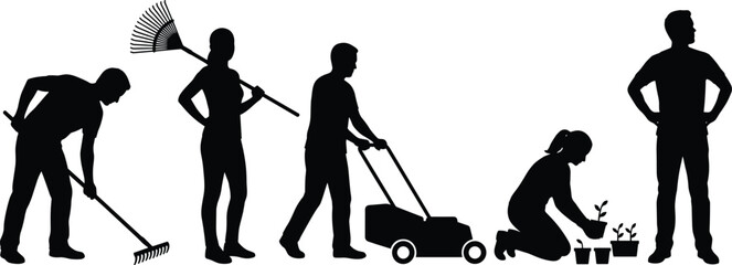Obraz premium Gardening people silhouettes collection, yard work activities scenes, raking mowing planting teamwork concepts, black vector illustration set