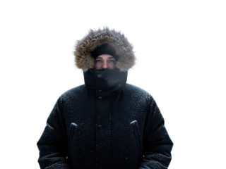 Person in winter jacket with furlined hood standing in cold weather isolated on transparent background