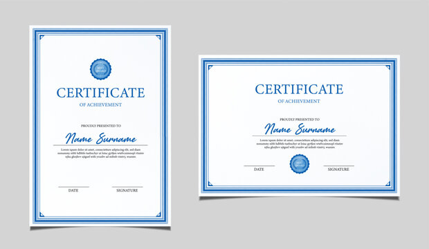 Elegant certificate of achievement set in vertical and horizontal layout, classic blue and gold border design, professional award template for business, corporate, education and formal recognition.