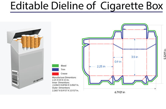 Editable Dieline of Cigarette Box with Dimensions and Color Codes