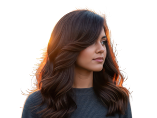 Young woman with long wavy brown hair and natural makeup profile view isolated on transparent background