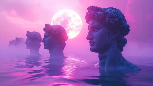 Surreal statues in water under a vibrant pink sky with a full moon.