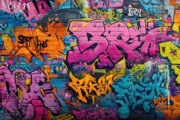 Obraz premium Vibrant Graffiti Art Mural on Textured Brick Wall, Urban Street Art Background, Colorful Spray Paint Explosion.