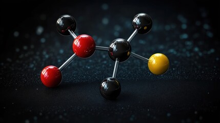 Glossy ball-and-stick molecular model with red, black and yellow spheres connected by metal rods on a dark bokeh background, evoking sleek scientific precision
