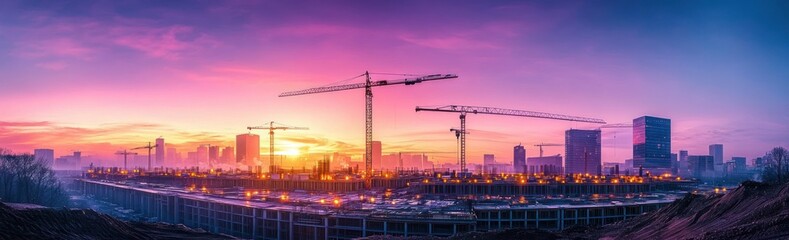 Fototapeta premium Panoramic urban construction site with tower cranes, skeletal building frames and distant high-rise skyline at a vibrant purple-pink sunrise with glowing lights and hopeful atmosphere