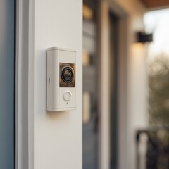 Naklejka premium Modern Smart Video Doorbell with Camera Mounted on White House Wall, Illustrating Home Security Technology.