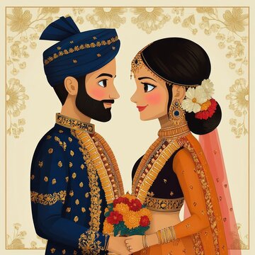 Illustration of a bride and groom in traditional ornate wedding attire facing each other holding hands with bouquet, gold jewelry, turban, floral hair accents and decorative floral backdrop, romantic