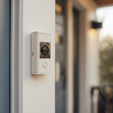 Modern Smart Video Doorbell with Camera Mounted on White House Wall, Illustrating Home Security Technology.