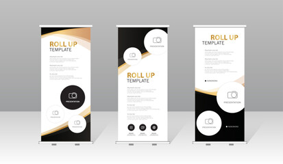 Modern roll up banner template set with black abstract design, professional presentation stand for business, corporate marketing, exhibition, trade show and advertising display.