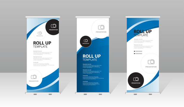 Modern roll up banner template set with blue abstract design, professional presentation stand for business, corporate marketing, exhibition, trade show and advertising display.