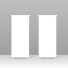 Blank roll up banner stand mockup set with clean white background, minimal vertical display for business, corporate marketing, exhibition, trade show and advertising presentation.