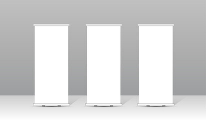 Blank roll up banner stand mockup set with clean white background, minimal vertical display for business, corporate marketing, exhibition, trade show and advertising presentation.