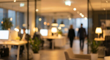 Modern office interior background with soft bokeh and professional warm lighting