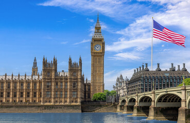 Concept of England being under the US influence with Big Ben Parliament and big american flag