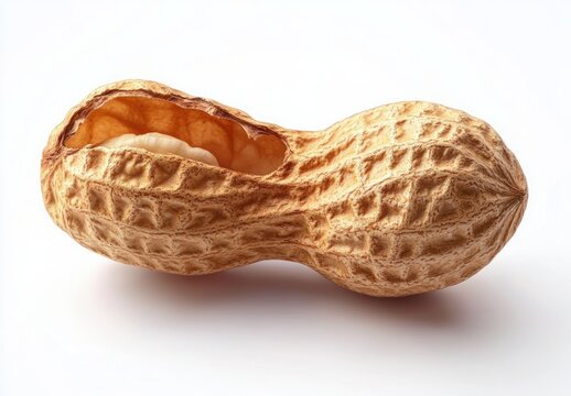 close-up of a single partially opened peanut shell revealing its pale kernel on a white background, textured warm surface, simple and inviting still life