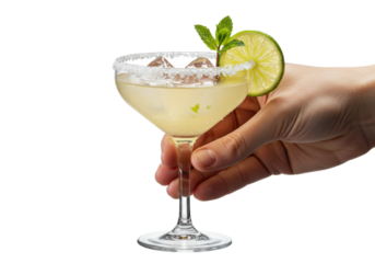 Fair-skinned hand gently lifts a premium golden Margarita cocktail with fractured ice, salted rim, lime, mint, and intense condensation on a white background, bokeh. Premium beverage advertisement
