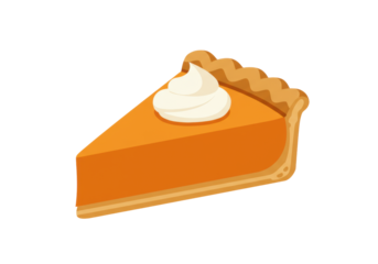 Single slice of layered pumpkin pie with golden crust, thick ochre-orange filling, geometric crimped edge, and white whipped topping swirl, on transparent background, concept of autumn dessert icon