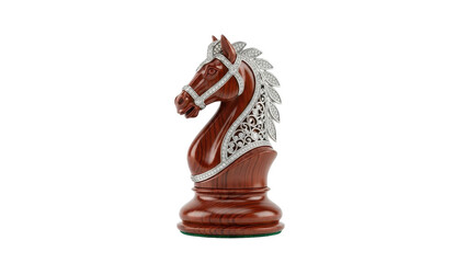 Fototapeta premium Ornate wooden knight chess piece with silver filigree, luxury mahogany chess horse on white background, strategic gaming asset for business and competition