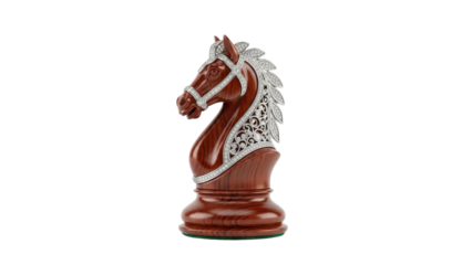 Detailed Reddish Brown Wooden Chess Knight Piece with Silver Accents Product Shot isolated PNG with Transparent Background