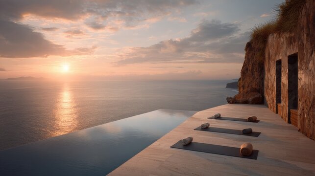 Yoga Retreat on a Cliff at Sunrise With Mats Overlooking Ocean, Ideal for Wellness Tourism and Spa Travel Promotions - Powered by Adobe