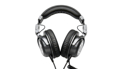 Black Over-Ear Studio Headphones with Coiled Cable isolated PNG with Transparent Background