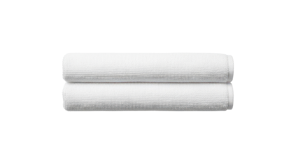 Two White Rolled Bath Towels Stacked Horizontally Product Shot isolated PNG with Transparent Background