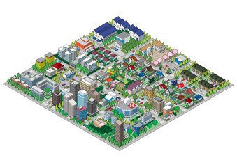 街並みの立体図. 都市の景観. アイソメ図で描いた都市.