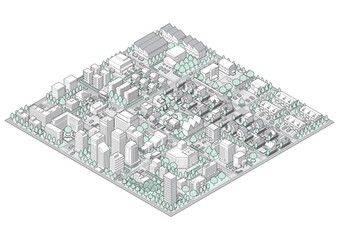 街並みの立体図. 都市の景観. アイソメ図で描いた都市.