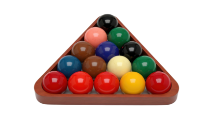 Colorful Billiard Balls in Wooden Rack Product Shot isolated PNG with Transparent Background