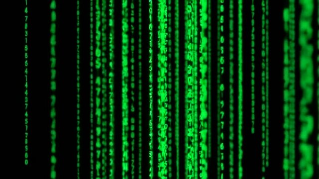 Green digital code streaming down in matrix style on black