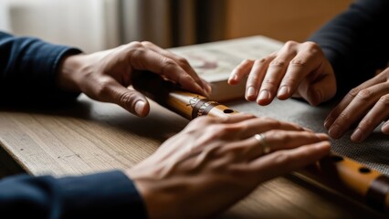 Close-up of four hands playing musical instruments on a wooden table with blurred background.