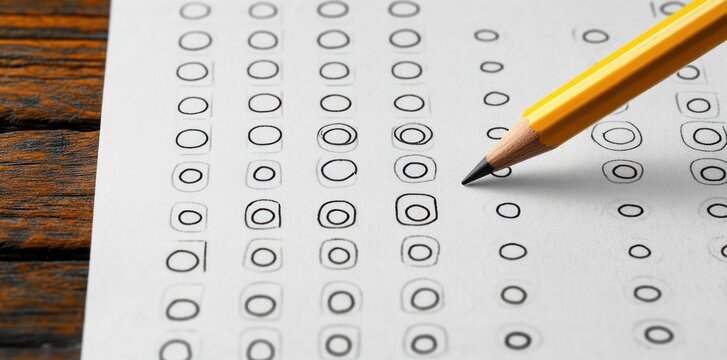 Close-up of a yellow pencil marking circles on a multiple-choice answer sheet on a wooden desk, conveying concentration and test-day tension