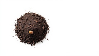 Minimalist composition of dark garden soil isolated on white background, ideal for sustainability and nature themes.