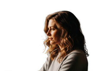 Thoughtful woman with wavy hair in soft natural light portrait isolated on transparent background