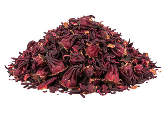 Macro shot of a textured mound of deep burgundy and crimson dried Hibiscus sabdariffa flower petals, on a transparent studio background, natural wellness product concept
