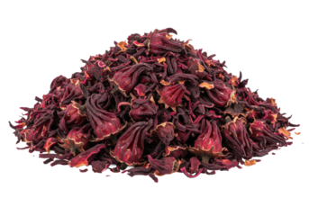 Macro shot of a textured mound of deep burgundy and crimson dried Hibiscus sabdariffa flower petals, on a transparent studio background, natural wellness product concept