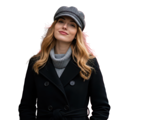 Stylish woman in black coat and grey hat posing outdoors with confidence isolated on transparent background