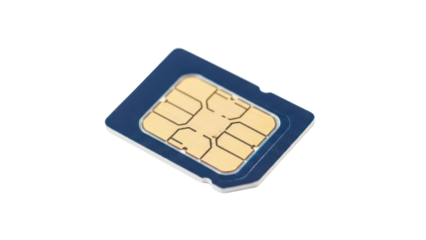 Blue SIM Card with Gold Metallic Chip, Close Up Product Shot isolated PNG with Transparent Background