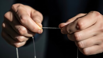 Close-up of two hands manipulating strings on a dark background