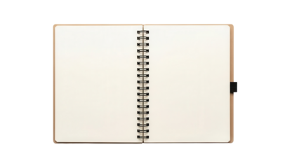 Top View of Open Spiral Notebook Mockup with Blank Cream Pages and Kraft Cover isolated PNG with Transparent Background