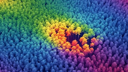 Vibrant Aerial View of Colorful Forests, Nature Photography, Breathtaking Landscape, Lush Environment, Artistic Interpretation
