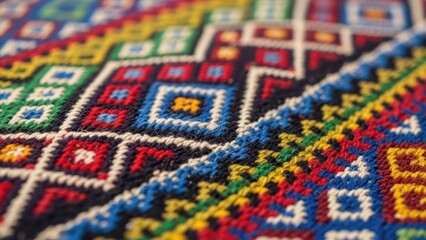 Close-up of a vibrant, colorful geometric patterned textile with intricate designs and borders.