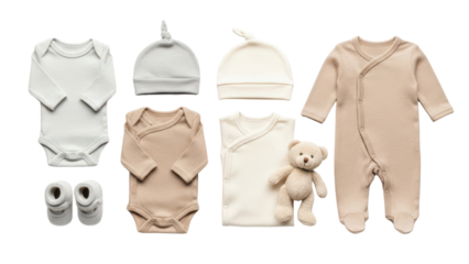 Minimalist Baby Organic Cotton Clothes Product Shot with Neutral Bodysuits, Rompers, Hats, and Teddy Bear isolated PNG with Transparent Background