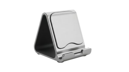 Modern Minimalist Silver Metallic Mobile Phone Tablet Stand Product Shot isolated PNG with Transparent Background