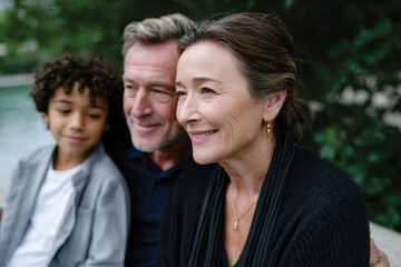 Fototapeta premium A loving couple shares a moment of happiness with their child, showcasing the bond of family and the joy found in simple interactions in a natural environment.