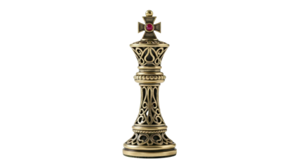 Ornate Bronze Chess King Piece with Red Gemstone Top isolated PNG with Transparent Background